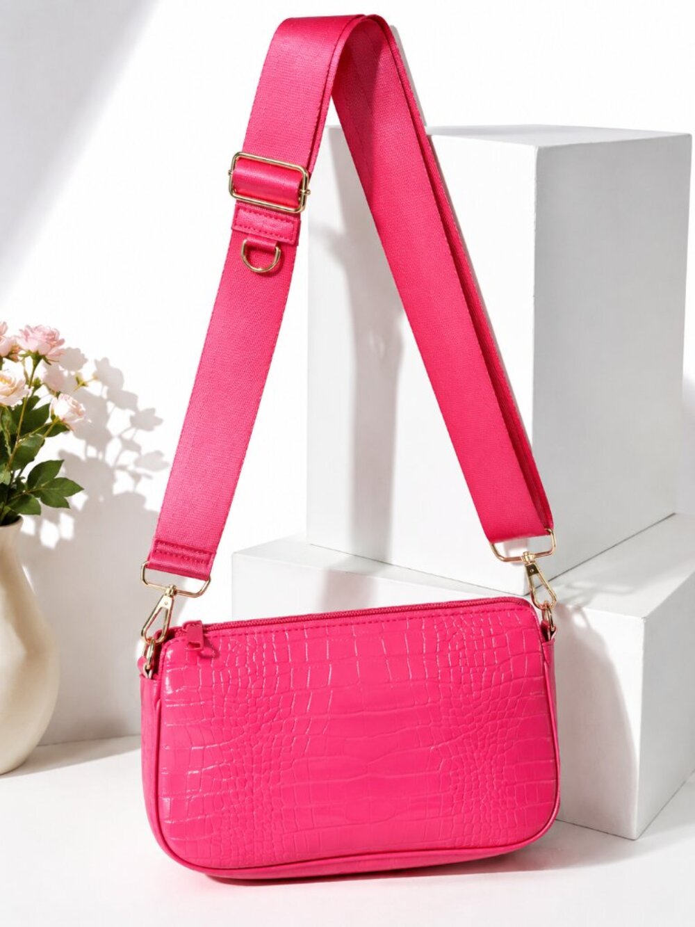 Pink Croc Embossed Vegan Leather Crossbody Bag Guitar Strap NEW
